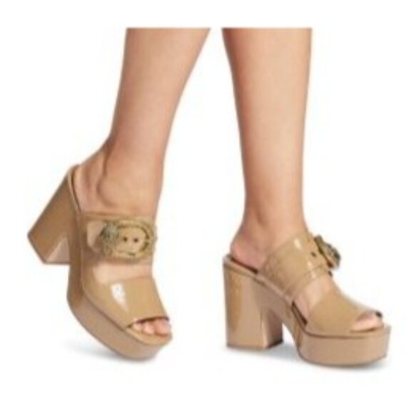 Kurt Geiger 8.5 Patent Leather Beige Platform Heeled Sandals Gold Eagle Buckle - Picture 13 of 13